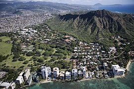 Aerial view of Waikiki Beach and Honolulu