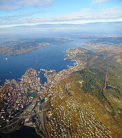 Bergen landdistrikt included the areas south of the city centre (the small bay and peninsula in the centre of the photo) and on the east side, along the fjord.