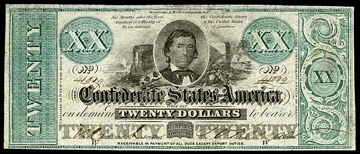 Twenty Confederate States dollar (T21), by Keatinge & Ball
