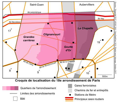 Croquis de localisation du 18e arrondissement de Paris, de ses quartiers et de ses principales infrastructures de transport.