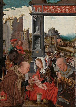 An oil painting of the Adoration of the Magi in a landscape near a ruin