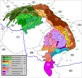 Carte des subdivisions des Carpates avec les monts Miroč en F1.