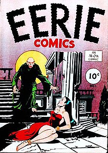 Comic book cover shows a bald, robed man moving toward a frightened woman on the floor in a strapless dress. Her hands and feet are bound. Price of the comic is listed as 10 cents.