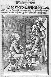 助産婦が助産をしている様子を描いた挿絵（Eucharius Rößlin、第二版、1515年、より。この書は助産婦向けの書物としては最初期のものと見なされており、40版を重ね、1730年ころまで用いられた。)