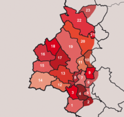 Mapa do dominio lingüístico galego ou galego-portugués nos 23 concellos do Bierzo. A Ponte de Domingos Flórez (1), Benuza (2), Carucedo (3), Borrés (4), Priaranza (5), Ponferrada (6), Carracedelo (7), Toural dos Vaos (8), Camponaraia (9), Arganza (10), Cacabelos (11), Sobrado (12), Corullón (13), Oencia (14), Barxas (15), A Veiga de Valcarce (16), Trabadelo (17), Valboa (18), Vilafranca do Bierzo (19), A Veiga de Espiñareda (20), Fabeiro (21), Candín (22) e Peranzais (23).