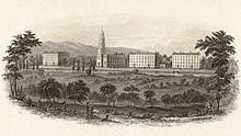 A drawing of Hamilton College in 1847, showing three major buildings in grassy, hilly environs