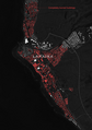 The aftermath of the Lahaina fire, with damaged or destroyed buildings highlighted in red, including the museum and old courthouse.