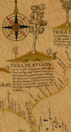 Detail of Ribero map showing land granted to Lucas Vázquez de Ayllón on the southeast coast of North America, site of the first Spanish colony established in the present-day United States