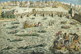 tableau, étendue d'eau avec voiliers en feu et personnages chevauchant des créatures marines