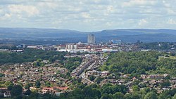 Oldham skyline with Oldham Civic Centre in the distance and Oldham Parish Church