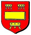 Gules, a fess humette between three trestles, or