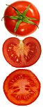 Tomate entière, coupe verticale, coupe horizontale.