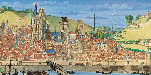Rouen and the Cathedral in 1525, from the "Livre des Fontaines" by Jacques Le Lieur.