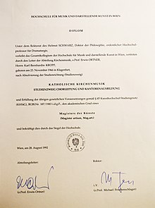 Magister-Urkunde Karl-B. Kropf, Kath. Kirchenmusik, Zweig Chorleitung, Wien 1992