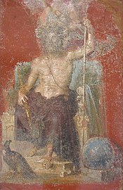 Fresco de Júpiter coronado por una Victoria y flanqueado por los símbolos cósmicos del águila y el globo terráqueo en la casa de los Dioscuros, Pompeya.