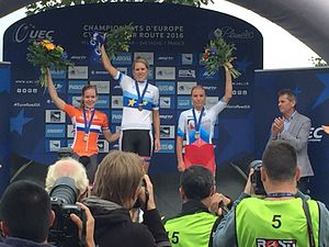 The podium of the event (from left to right): Anna van der Breggen, Ellen van Dijk and Olga Zabelinskaya