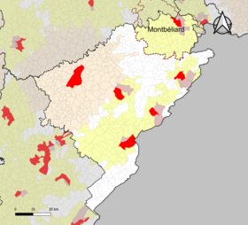 Localisation de l'aire d'attraction de Montbéliard dans le département du Doubs.