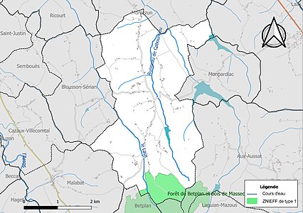 Carte de la ZNIEFF de type 1 sur la commune.