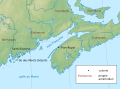 Carte de l'Acadie de 1610 à 1613, montrant les deux établissements et les peuples amérindiens.