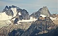 Howser Spire (upper left), Snowpatch Spire (left of center), Bugaboo Spire (upper right), Eastpost Spire (lower right). Camera pointed west.