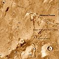 Athabasca Valles, showing source of its water, Cerberus Fossae. Note streamlined islands that show direction of flow to south. Athabasca Valles is in the Elysium quadrangle.