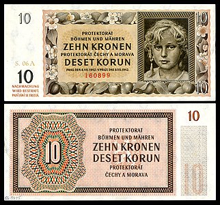 Ten Bohemian and Moravian koruna, by the National Bank for Bohemia and Moravia