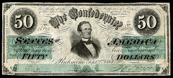 Fifty Confederate States dollar (T16), by Keatinge & Ball