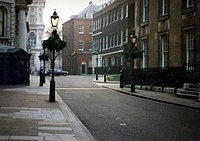 View of numbers 10, 11, and 12 Downing Street – official residences of the First Lord of the Treasury (Prime Minister), Second Lord of the Treasury (Chancellor of the Exchequer), and the Chief Whip