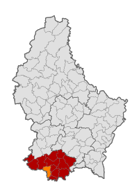 Map of Luxembourg with Esch-sur-Alzette highlighted in orange, and the canton in dark red