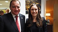 Sveriges statsminister Stefan Löfven tillsammans med Finlands statsminister Sanna Marin i Bryssel, Belgien den 12 december 2019.