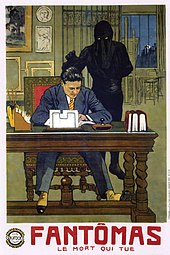 Affiche en couleur montrant un homme en costume travaillant à son bureau pendant qu'une silhouette noire s'approche de lui, à l'arrière.