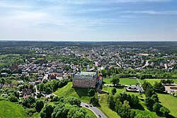 Aerial view of Golub (on the left) and Dobrzyń (on the right) with the Golub Castle in the front