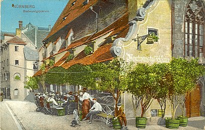 The Bratwurst Glöcklein ("Little-bell sausages"), Germany's most renowned inn of the time, founded in Nuremberg in the 14th century. The inn was destroyed in the Second World War. 1914 postcard.[8]