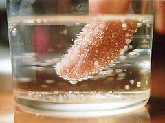 Placing an object (such as a person's index finger, shown here) in a carbonated beverage such as champagne provides nucleation sites, thus speeding the release of bubbles.
