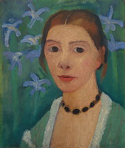 Self-portrait with green background and blue irises (c. 1905)