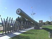 The restored gun barrel from the USS Missouri on display in Wesley Bolin Plaza.