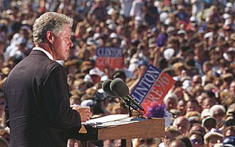Bill Clinton addressing several thousand people at one of his 1996 re-election campaign rallies