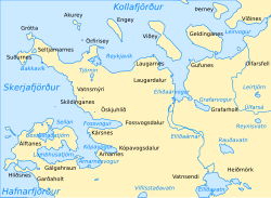 Carte hydronymique et oronymique de Reykjavik et ses environs avec le Skerjafjorður à l'ouest.