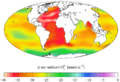 WOA, GLODAP surface Δ CO32- (1990s - 1700s)