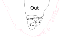 Map of the wards of New York City that were established in 1683. Five of the six wards were located in what is now the Financial District of Lower Manhattan, while the Out Ward covered the rest of Manhattan. The pink line is the modern shoreline.