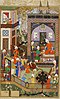 A Persian miniature showing a musician playing a lute for a seated man inside a large house