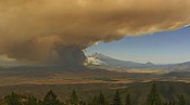 Thick orange-brown smoke blocks half a blue sky, with conifers in the foreground