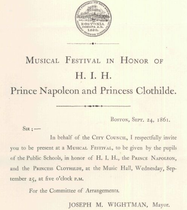 Musical festival, to be given by the pupils of the Public Schools, in honor of H.I.H., the Prince Napoleon, and the Princess Clothilde, 1861
