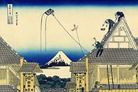 Kites fly on top of the Mitsui Store where the craftsmen are working on top of the roof, print by Hokusai