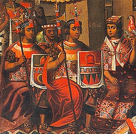 École de Cuzco, Le mariage du capitaine Martin de Loyola avec Beatriz Ñusta, détail (c. 1675–1690, église jésuite de Cuzco, au Pérou).