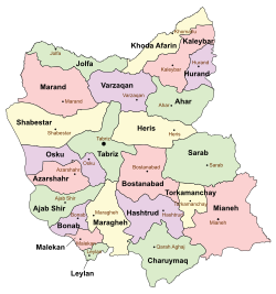 Location of Hashtrud County in East Azerbaijan province (bottom center, purple)