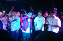 Ex Battalion (from left to right; Flow G, Emcee Rhenn, JRoa, then-member Honcho and Skusta Clee) performing in a gig on Tondo, Manila
