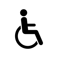 Black line figure of a person seated over the axis of a wheelchair on a black background