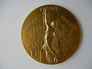 Union des sociétés de gymnastique de France fondée le 28 septembre 1873. Patrie, courage, moralité, médaille en argent vermeil, recto.