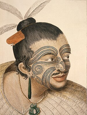 איור משנת 1874 של צ'יף מאורי מקועקע. המאורים הם התושבים הילידים של ניו זילנד.